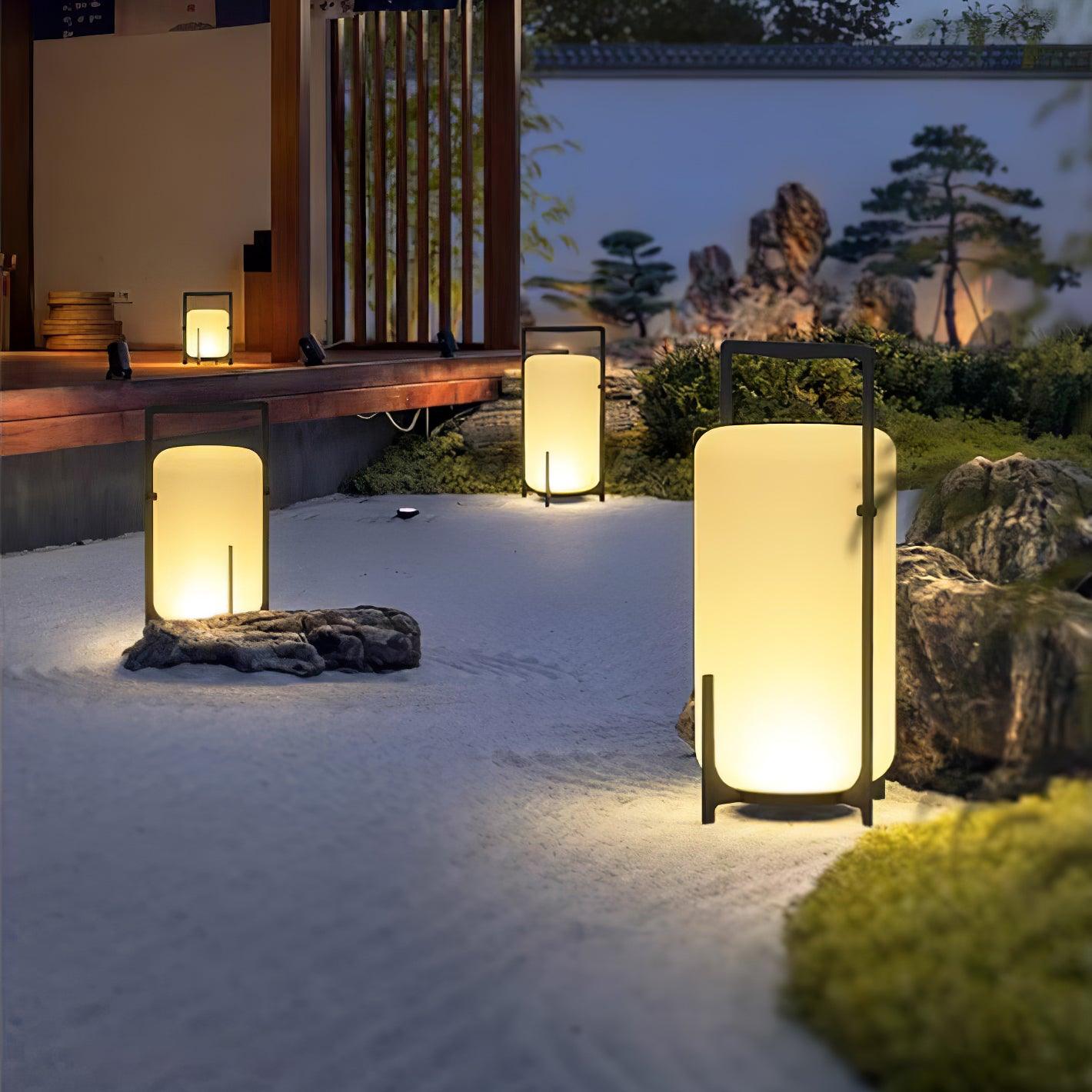 Black Lantern Table Lamp - Outdoor LED Light with Blown Glass Shade