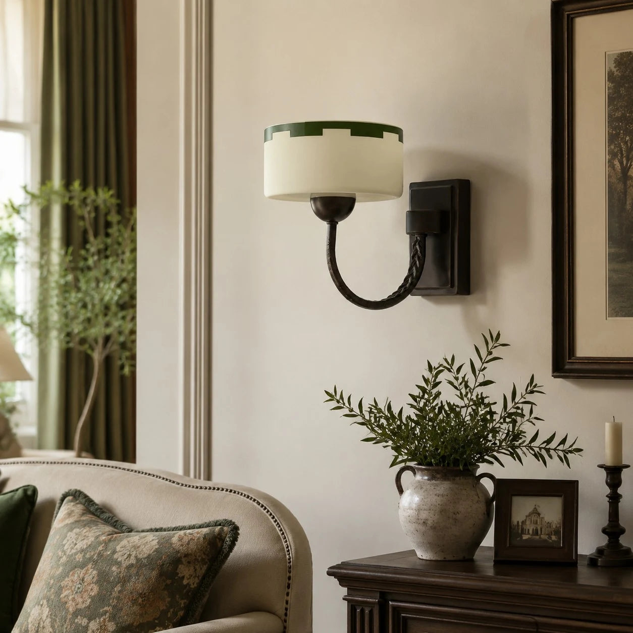 Vintage wall sconce in a styled corner installation