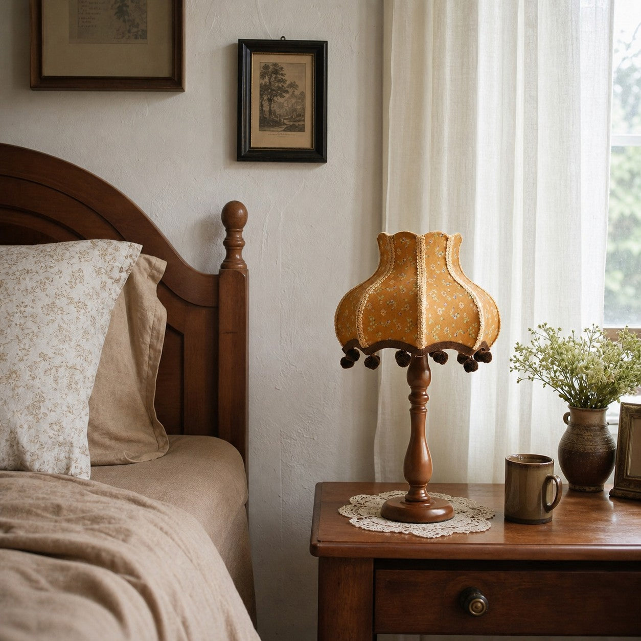 Vintage fabric table lamp styled on a bedside table