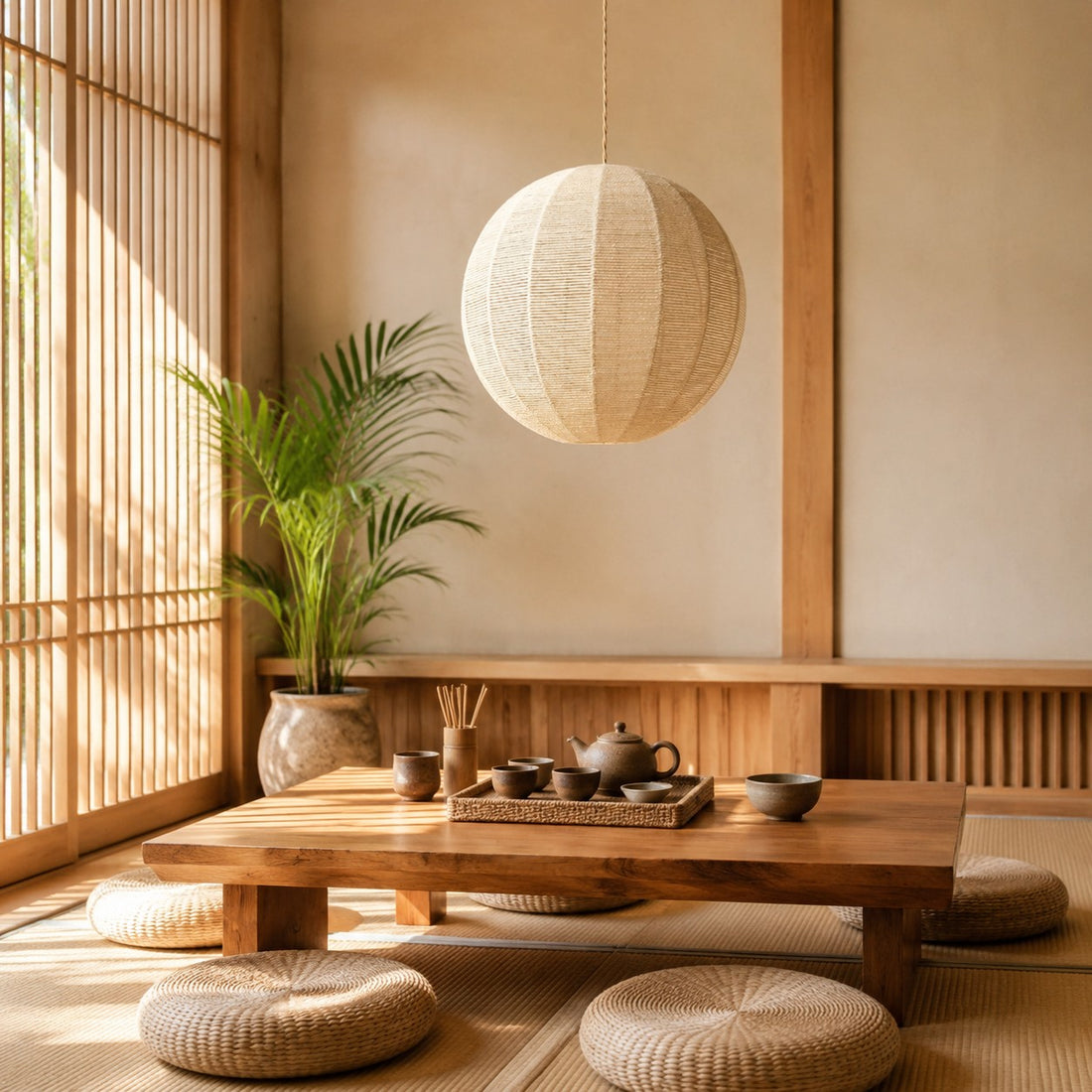 Handwoven Globe Pendant Light with Wood Canopy