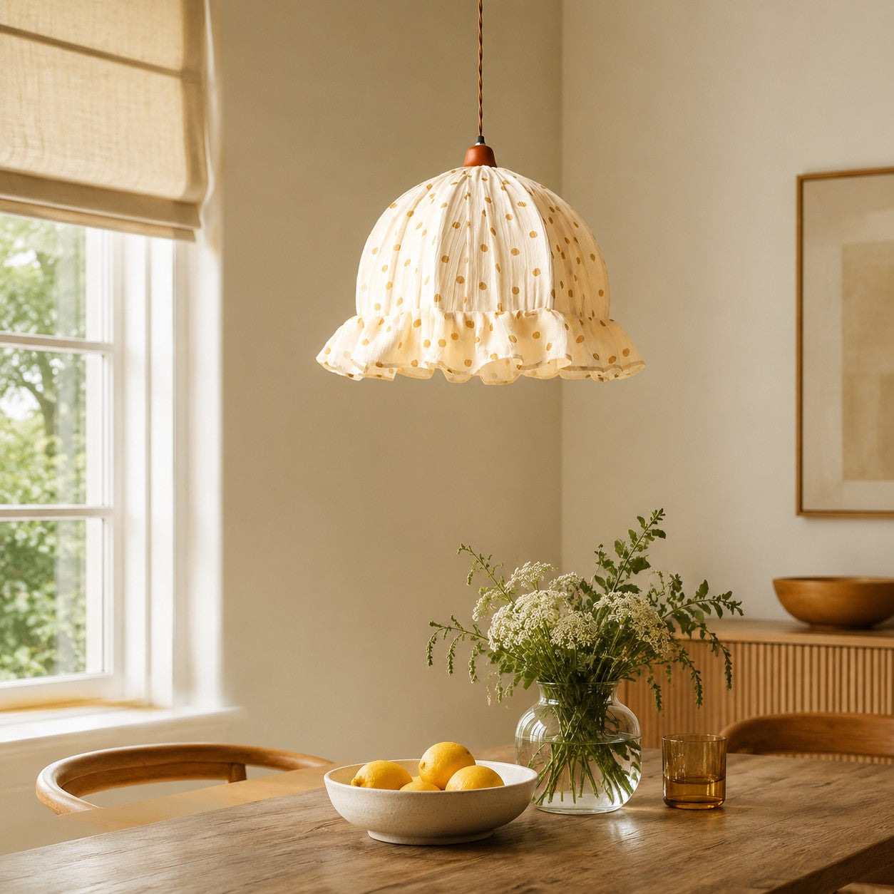 Ruffled floral fabric shade front detail
