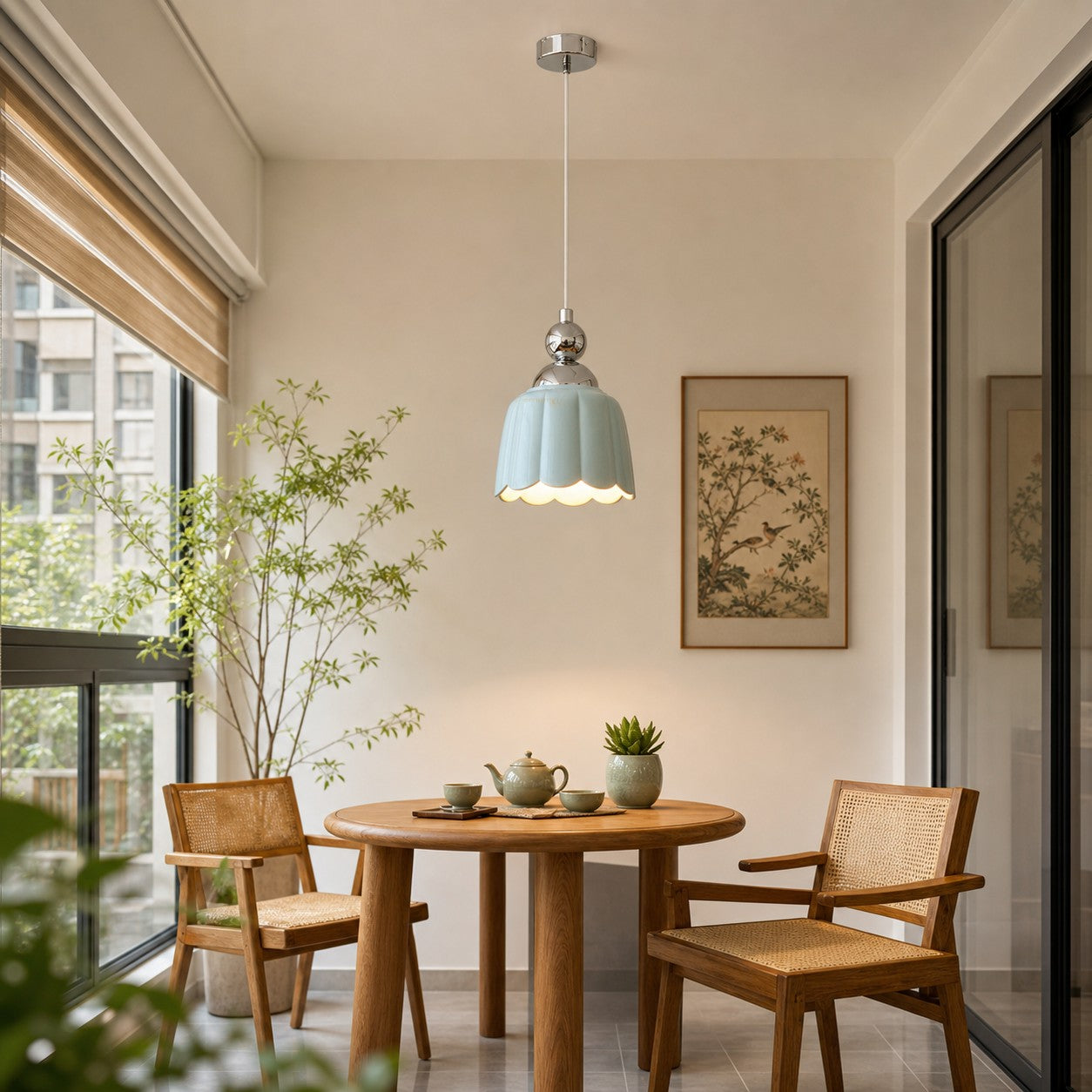 Sea salt blue ceramic pendant lamp above a small dining table