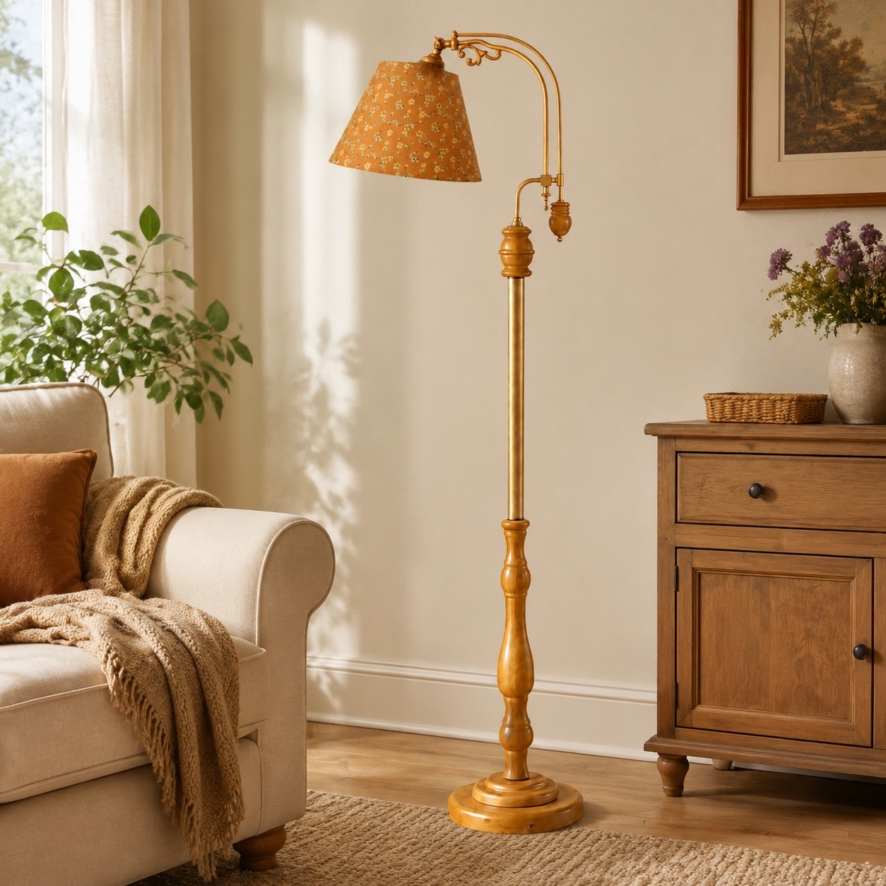 Vintage Wood and Fabric Floor Lamp