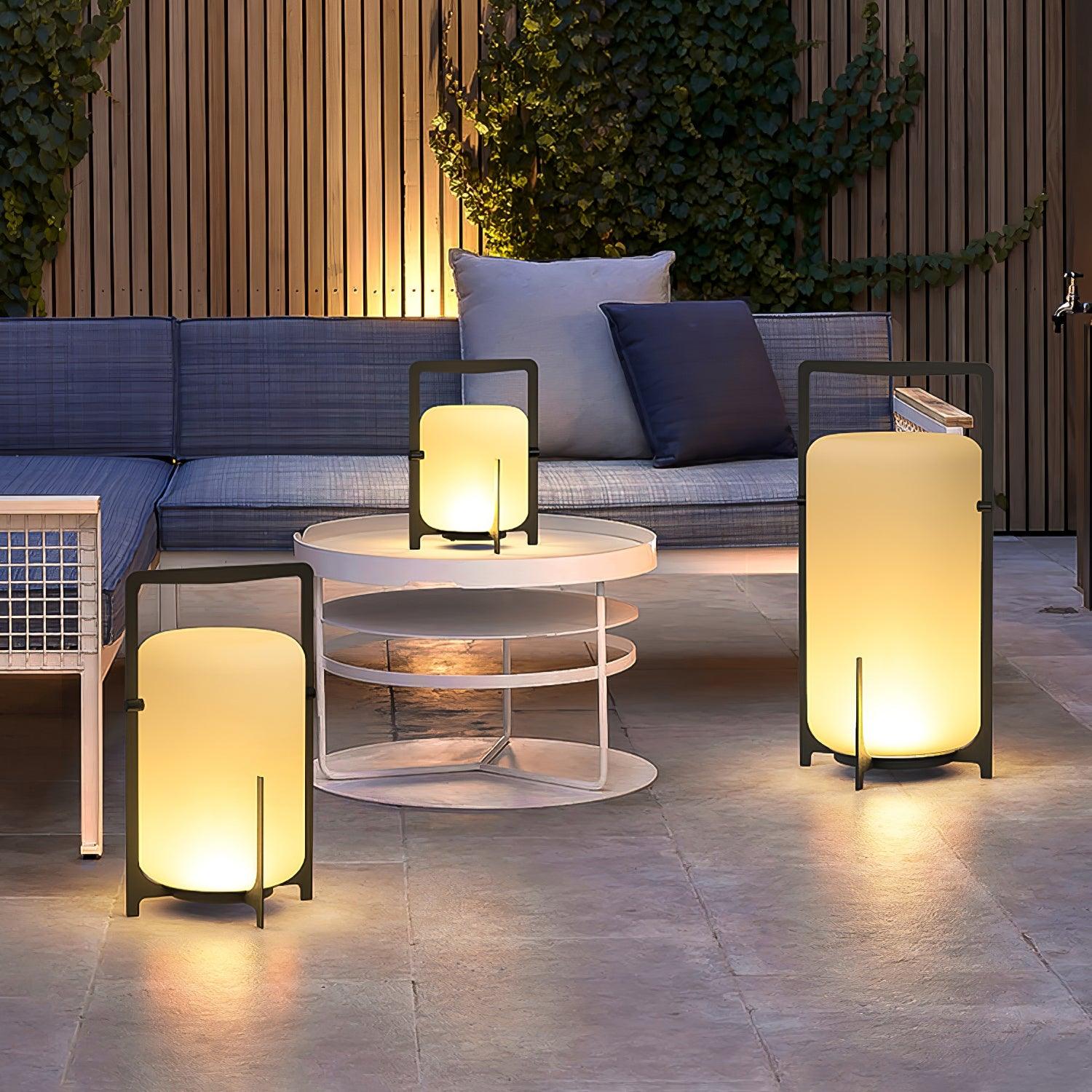 Black Lantern Table Lamp - Outdoor LED Light with Blown Glass Shade