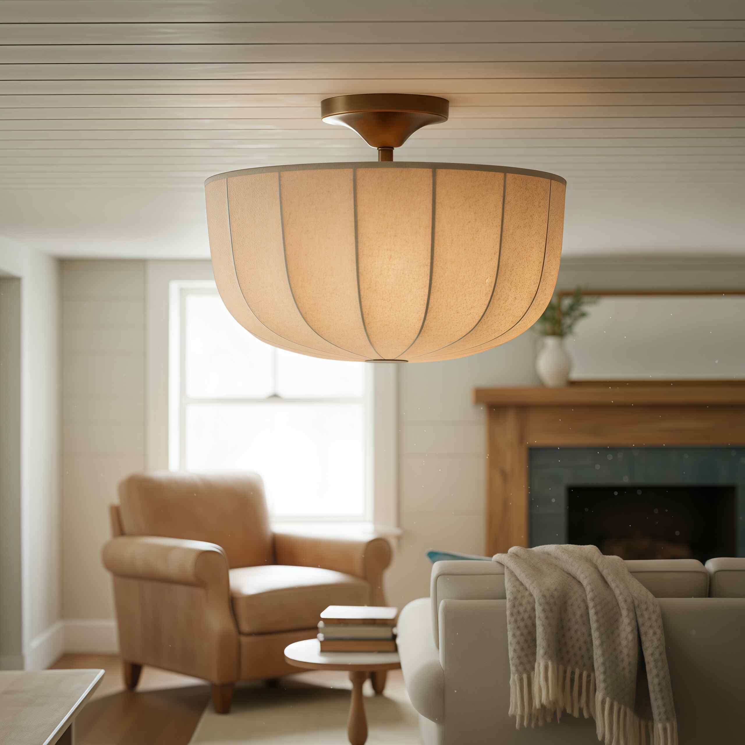 Loomis Flush Ceiling Lamp – Textured Linen Shade and Aged Brass Modern Ceiling Light for Living Rooms