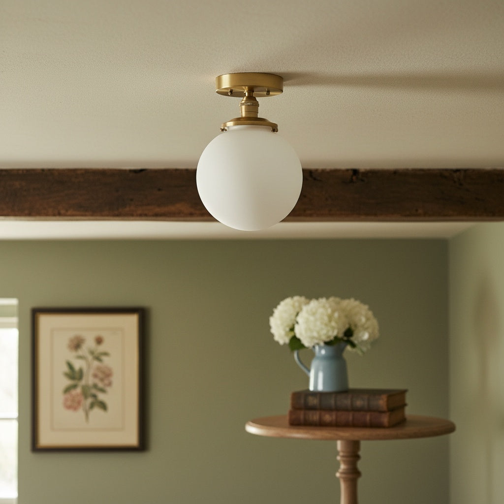 Glorica Glass Mid Century Semi Flush Ceiling Light - White Opal Glass Globe Fixture