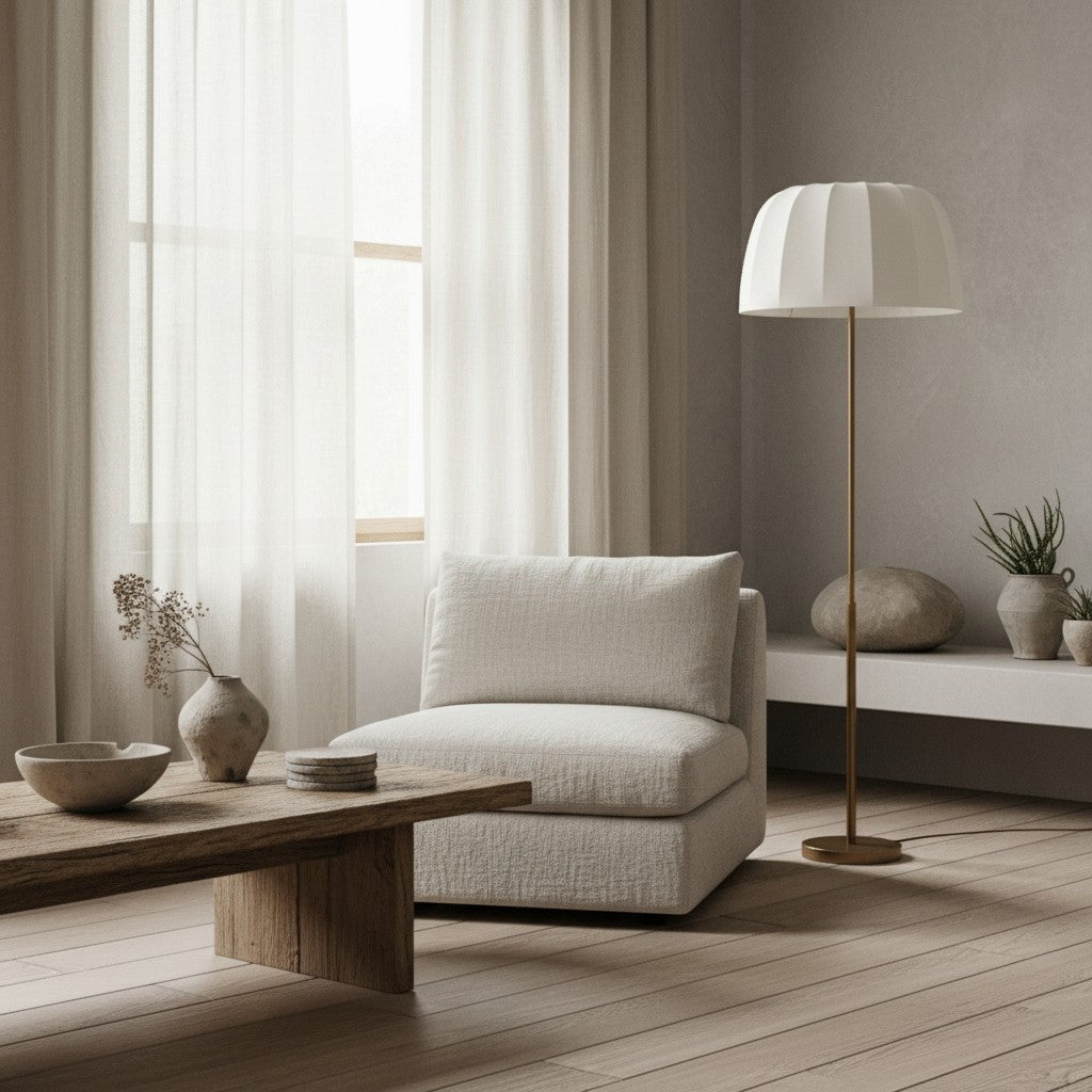 Vellaro Brass Floor Lamp with Fabric Shade – Modern Standing Light for Living Room or Bedroom