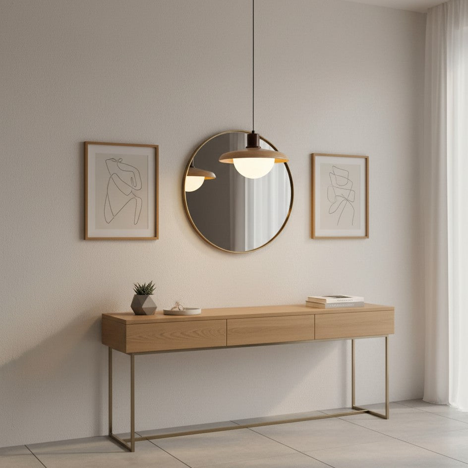 Stecker-Pendelleuchte aus Metall und Glas in Holzoptik