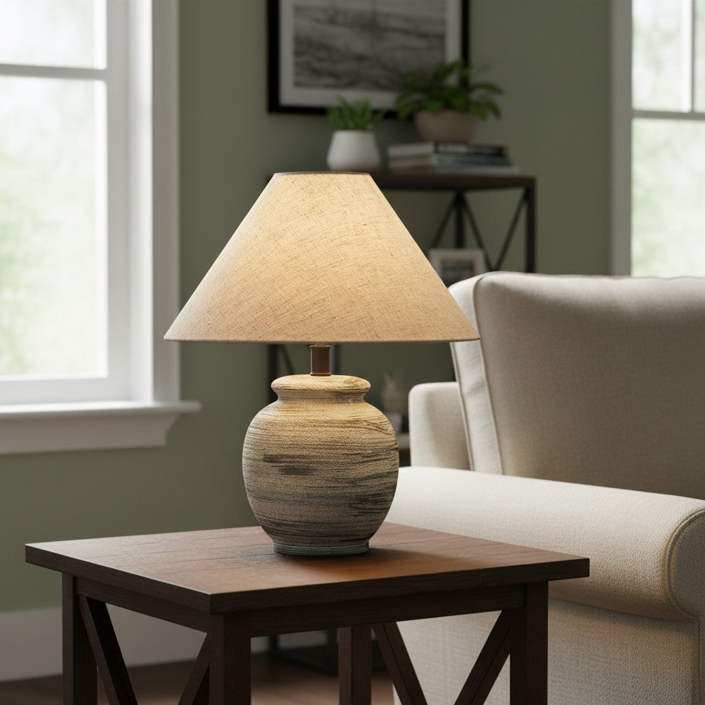 Ceravine Rustic Ceramic Base Table Lamp with Conical Fabric Shade – Elegant Accent Lighting for Home