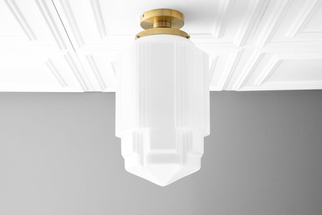 Geotower Glass Brass Pendant – Opal Globe Art Deco Hanging Light