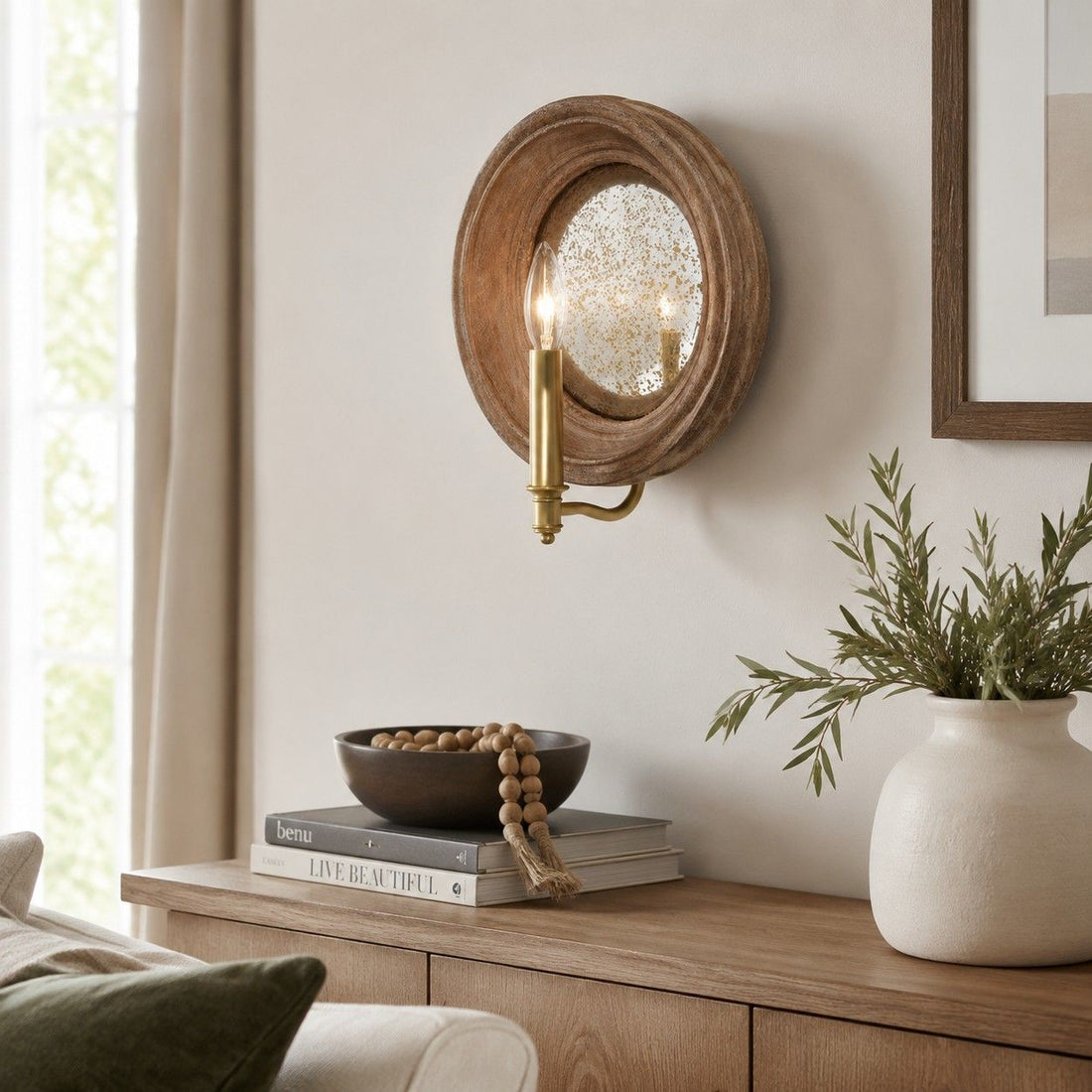 Natural wood round mirror wall sconce with brass candle arm