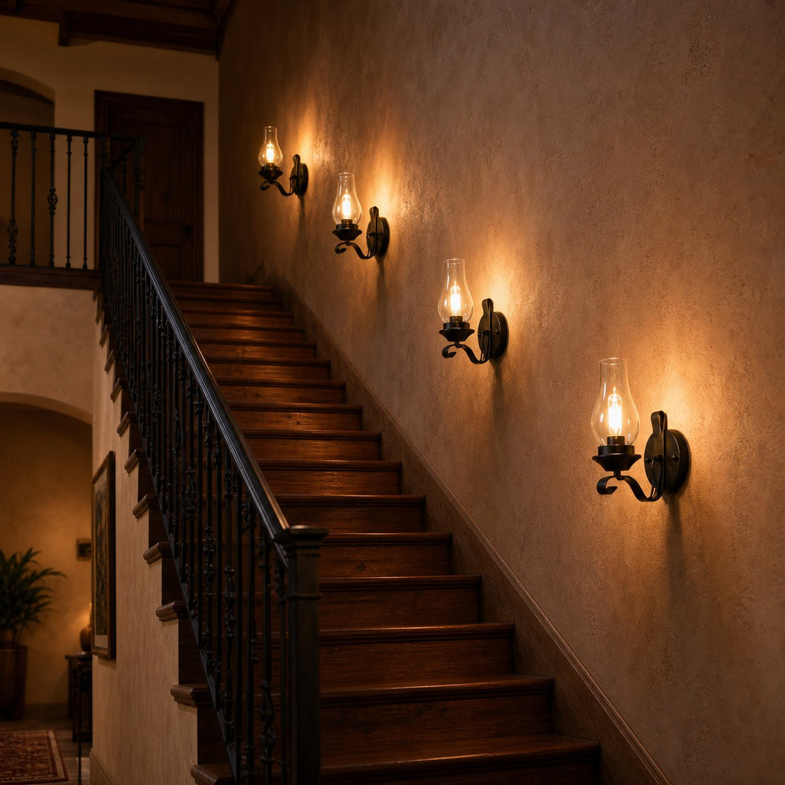 Kerosene style wall lamps lighting a stairway wall