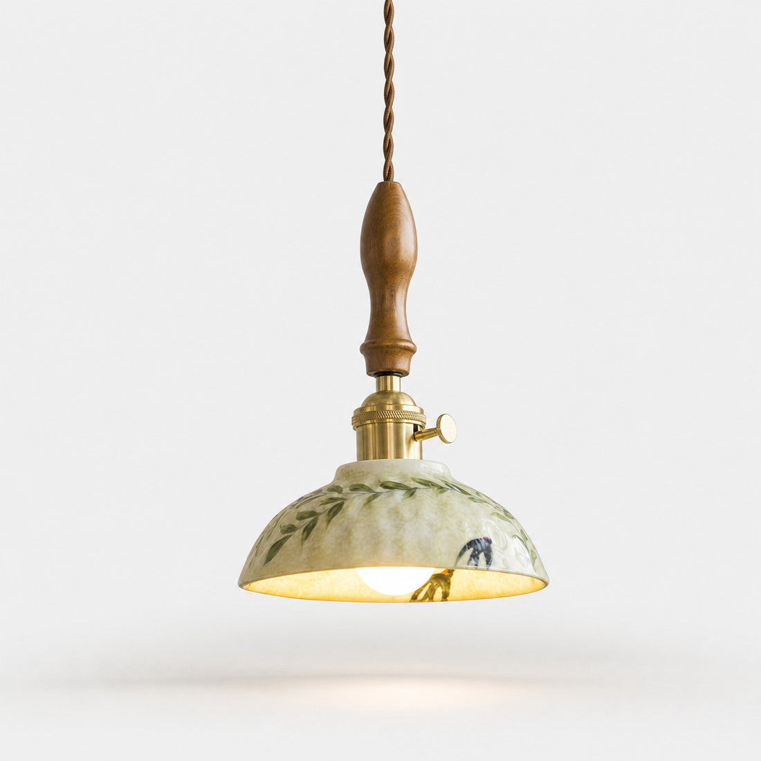 Botanical Glazed Ceramic Pendant Light with Brass-Tone Hardware - Rounded Dome