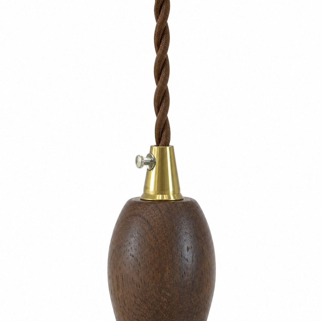 Braided brown suspension cord connected to the dark wood grip