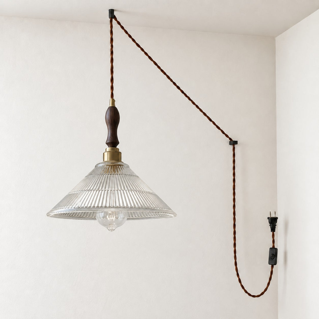Vintage Ribbed Glass Shade Plug‑in Swag Pendant Light - Hanging Lamp for Dining and Living Room