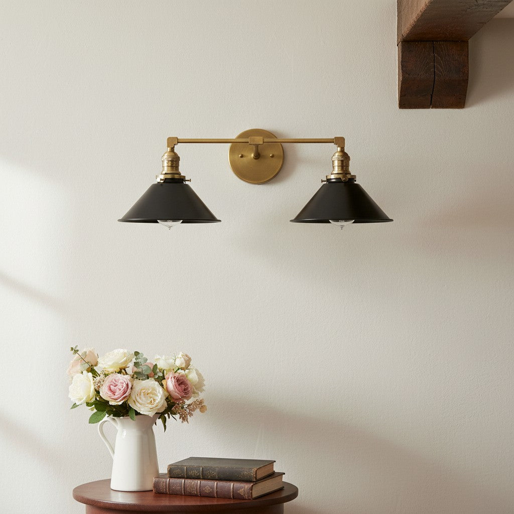 Conique Metal Dual Black Sconce with Cone Shades - Industrial Vanity Wall Light for Mirror