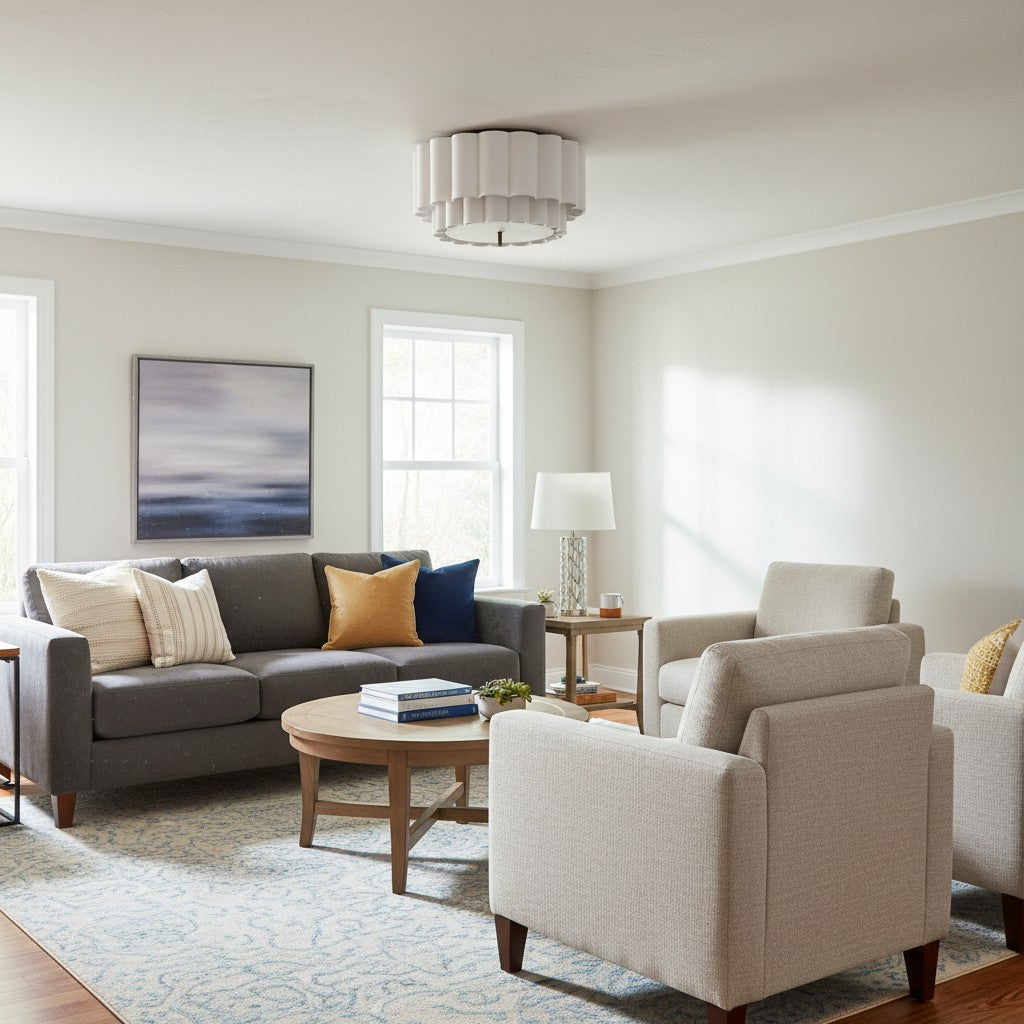 Linbron Flush Lighting – Scalloped Linen Shade and Bronze Finish Modern Ceiling Light for Dining Room