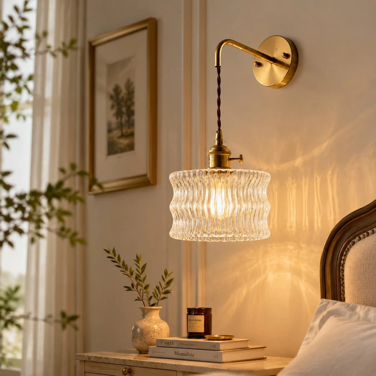 Clear ripple glass wall light near framed art and books