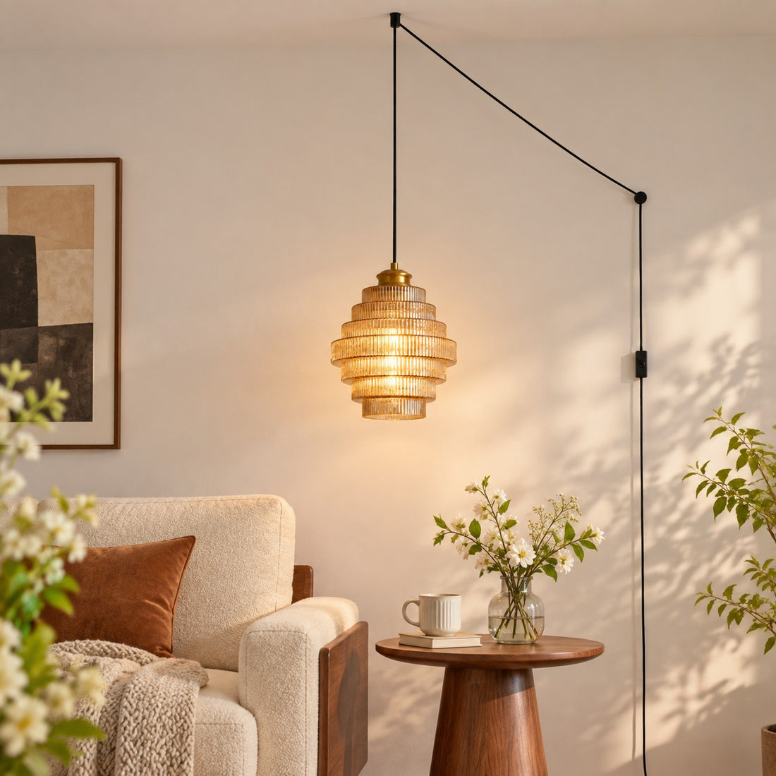 Ridged Glass Plug-In Pendant Light