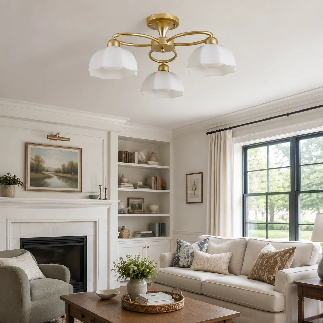 3-light ceiling fixture in a bright living room