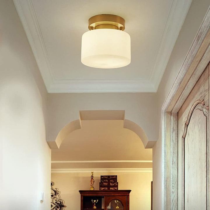 Brass Ceiling Light - White Glass Semi-Flush Modern Design for Hallway