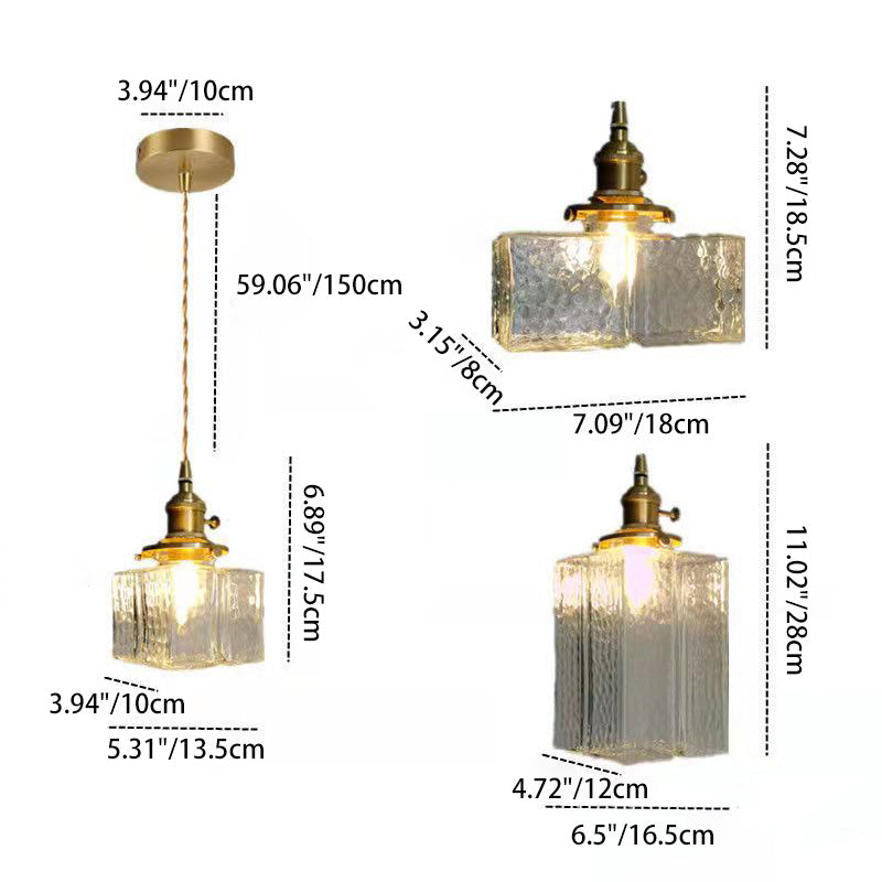 Traditionelle Vintage Quadrat Rechteck Ripple Glas Eisen 1-Licht Pendelleuchte für Wohnzimmer