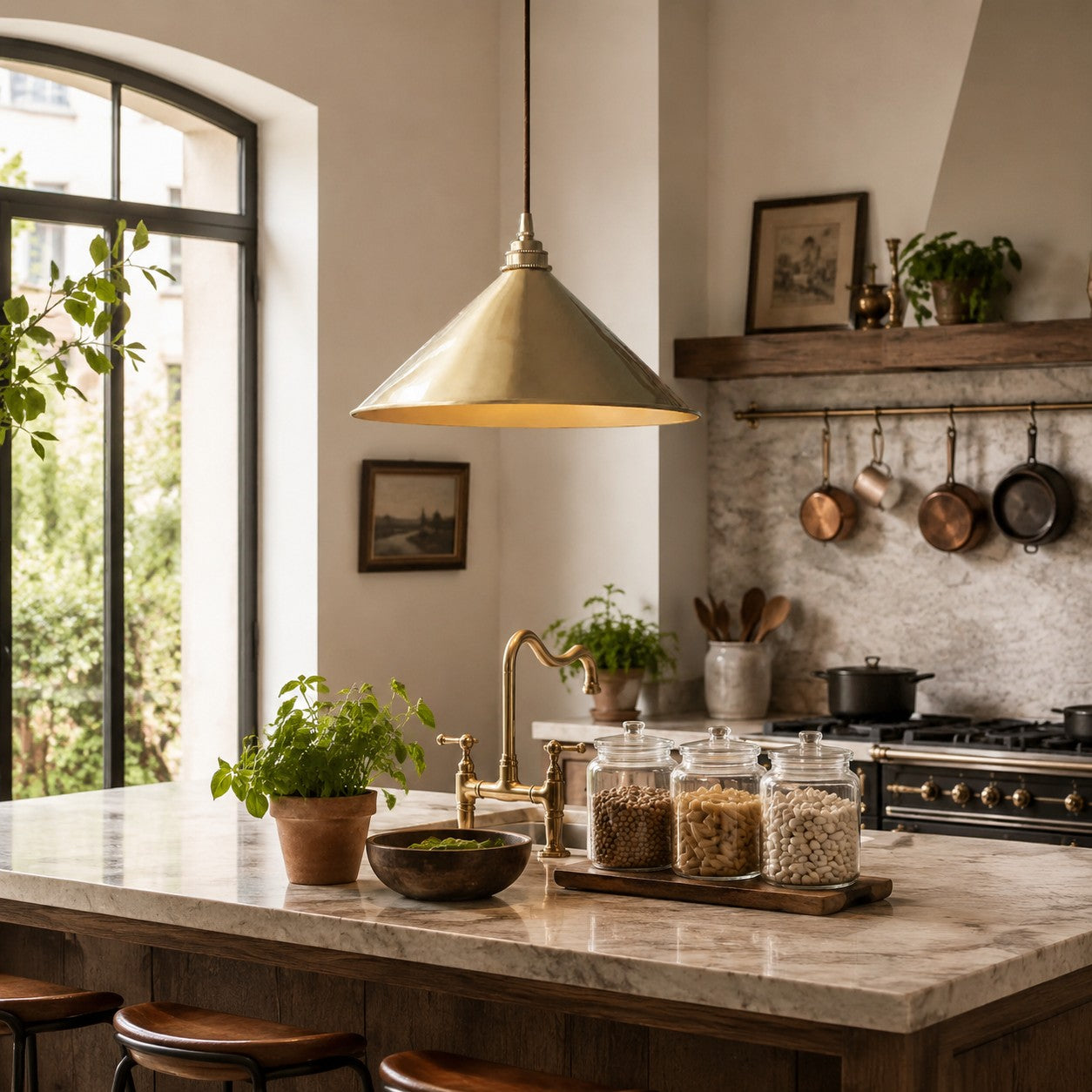 Bell shade copper pendant light above a kitchen island