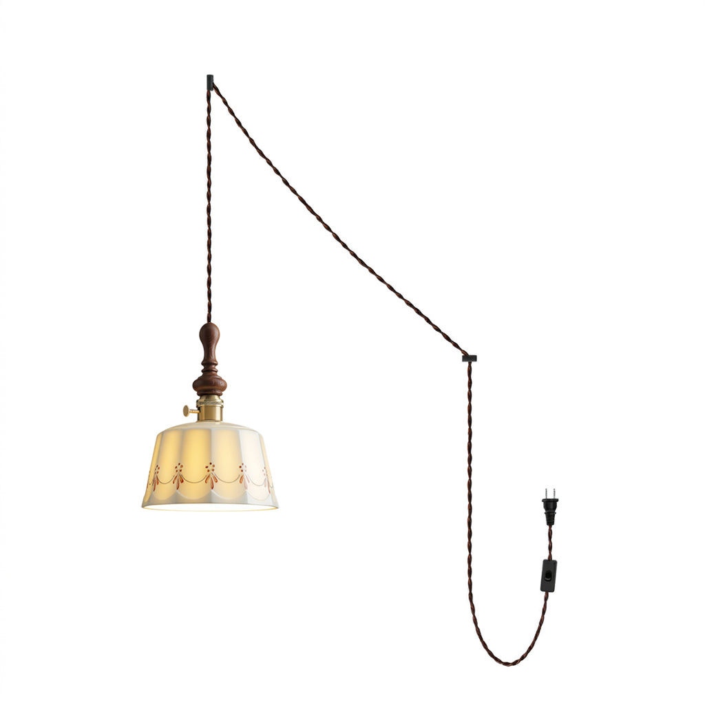 Keramik-Pendelleuchte mit Stecker und Zugkabel und Holzabschluss