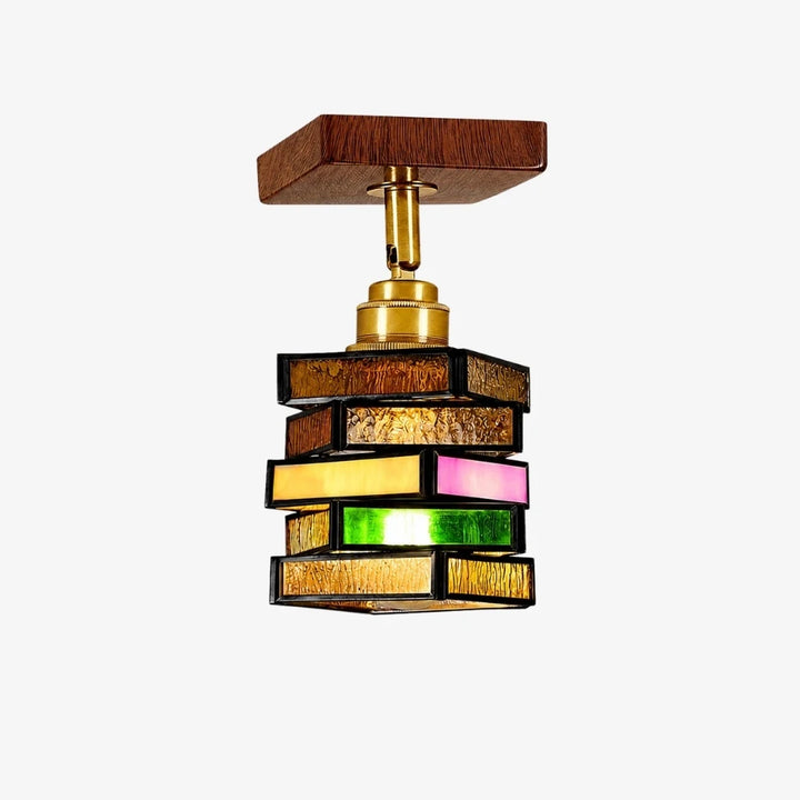 Multicolor stained glass pendant lamp with brass finish