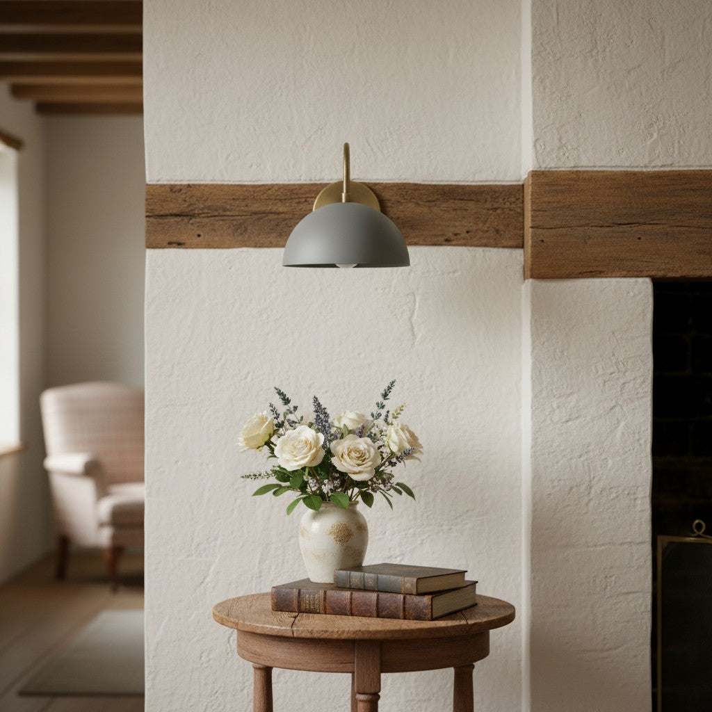 Curva Metal Industrial Wall Sconce - Curved Brass Arm - Hammered Dome Light Fixture
