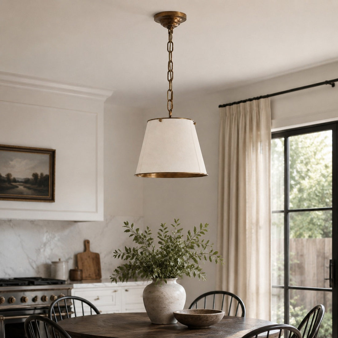 Vintage Solid Brass Pendant Light with White Fabric Shade