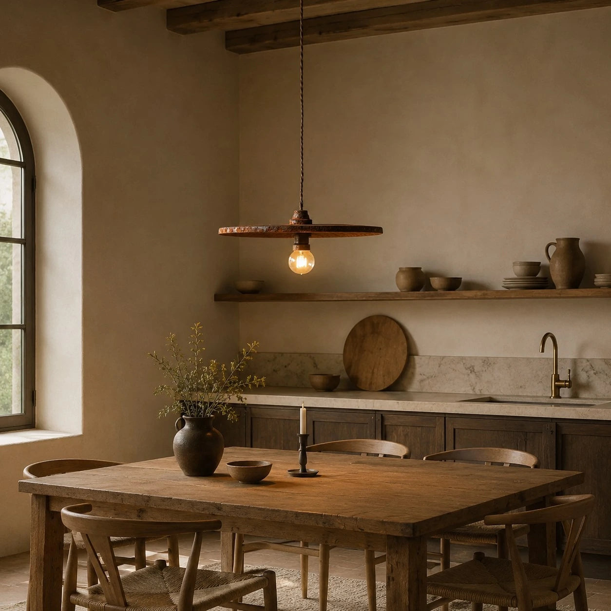 Rust brown pendant light in a rustic kitchen dining space