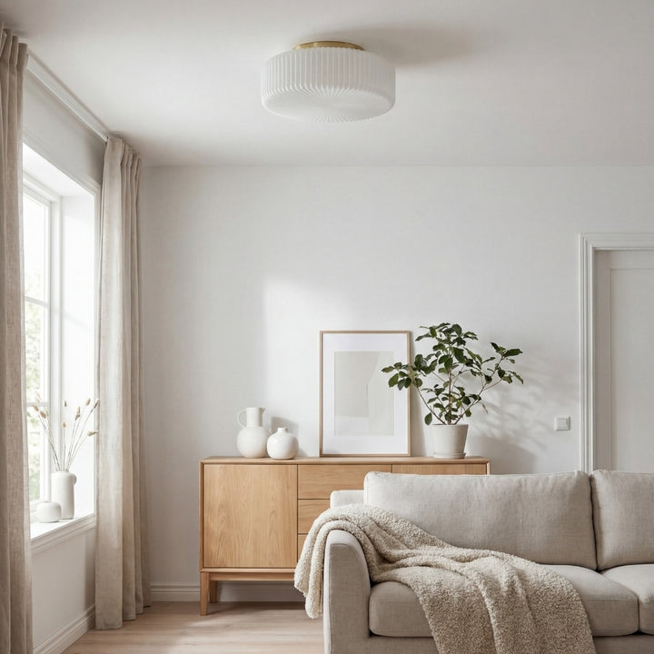 Lunorib Contemporary Opaline Glass Ceiling Fixture - Textured Ribbed Metal Lighting for Living Areas
