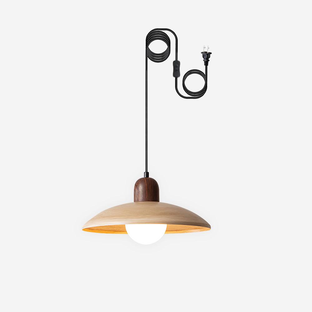 Stecker-Pendelleuchte aus Metall und Glas in Holzoptik