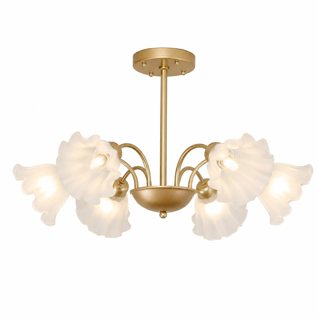 Gold-finished iron six-arm floral glass chandelier on a white background