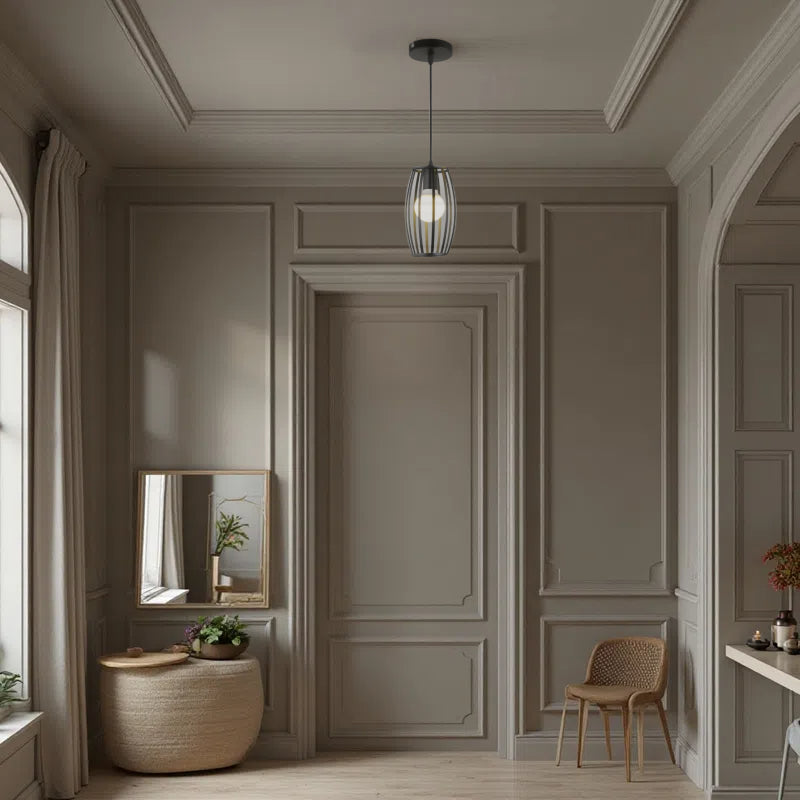 Striped Iron Drum Industrial Black Pendant Light