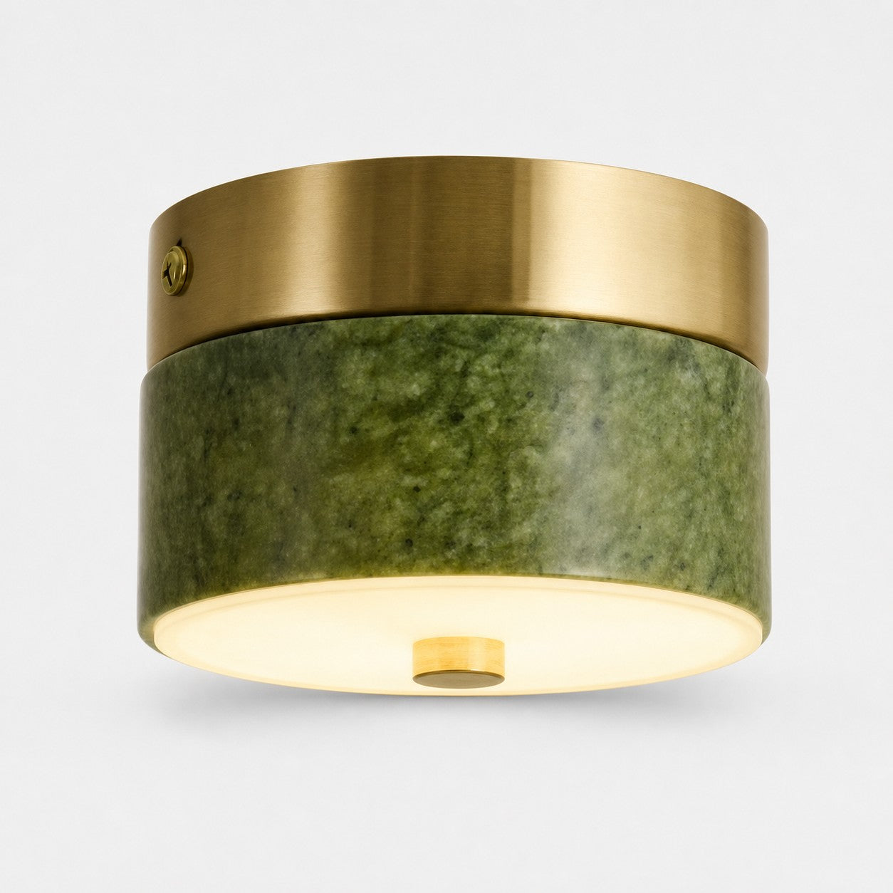 Green jade stone flush mount ceiling lamp with brass tone metal rim
