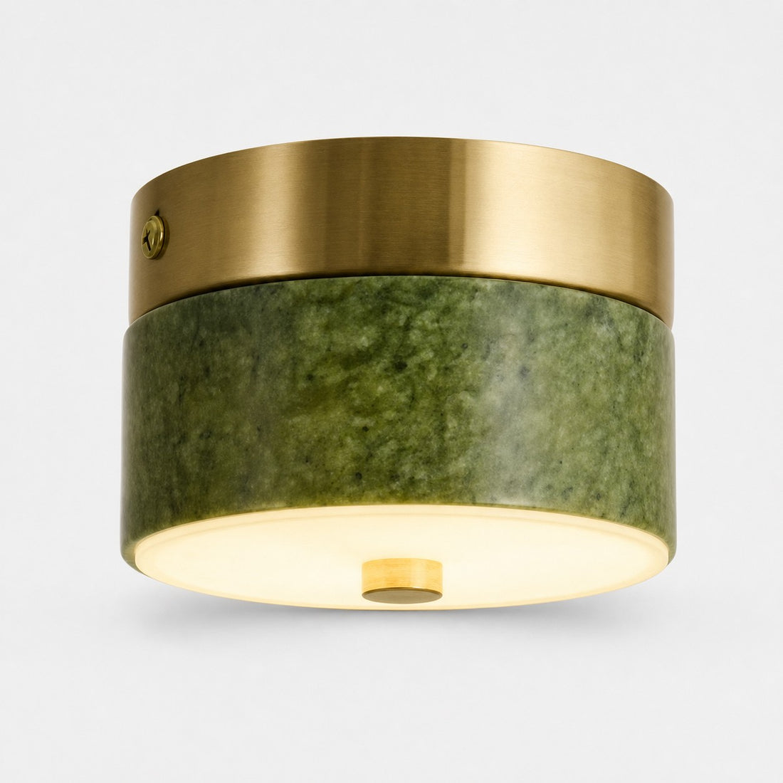 Green jade stone flush mount ceiling lamp with brass tone metal rim