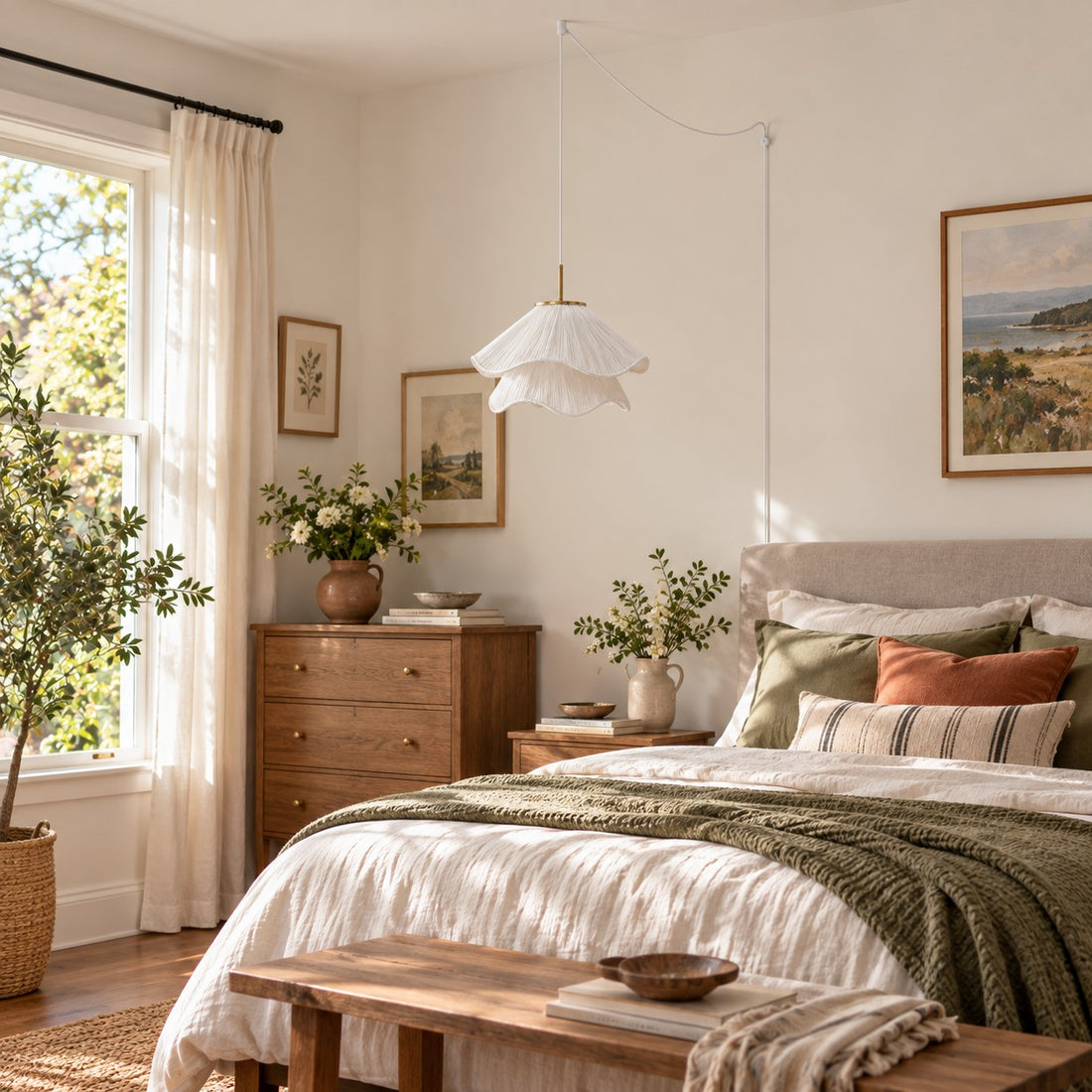 Plug-in-Pendelleuchte mit mehrlagigem plissiertem Stoff