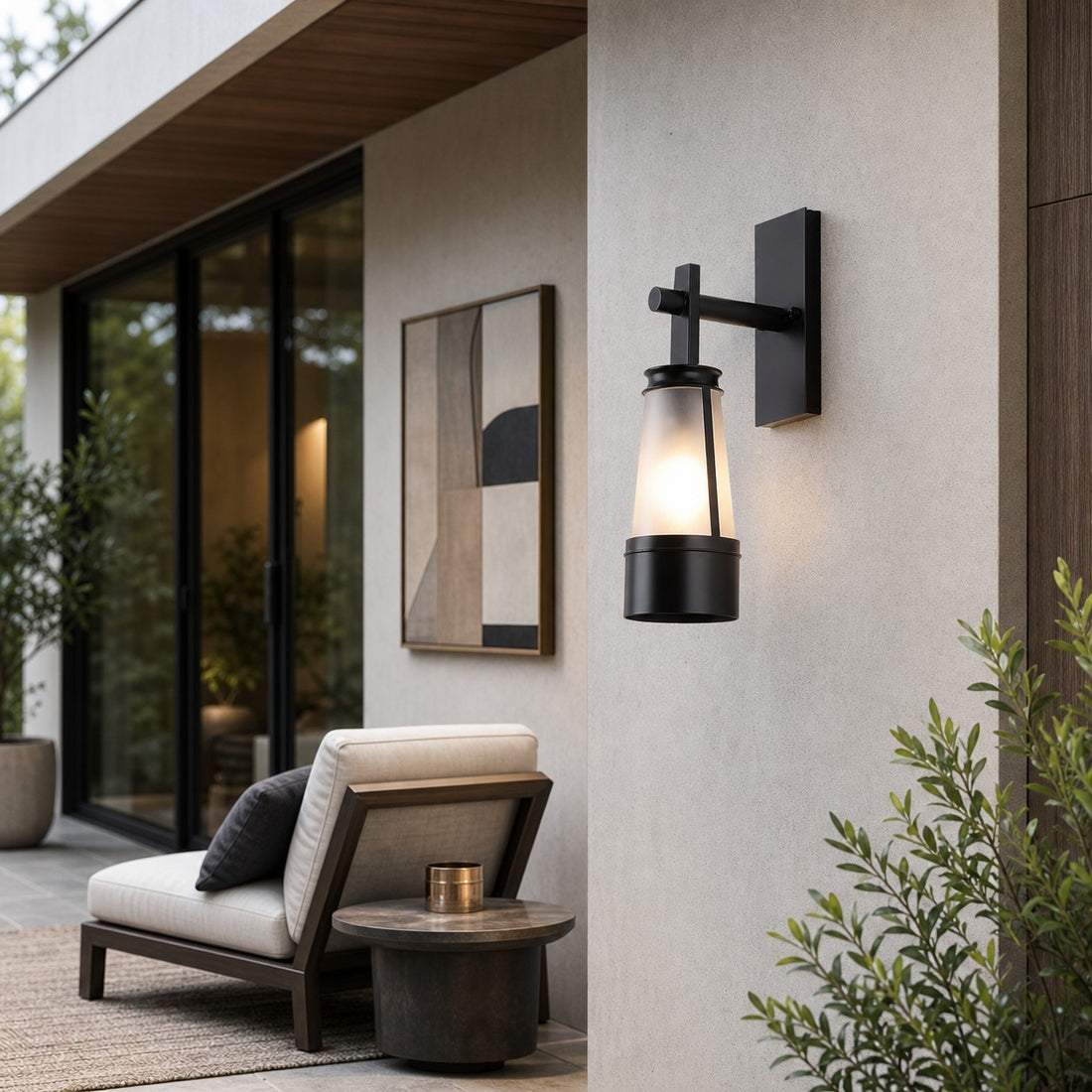 Vintage black outdoor wall lantern in a covered exterior setting 2