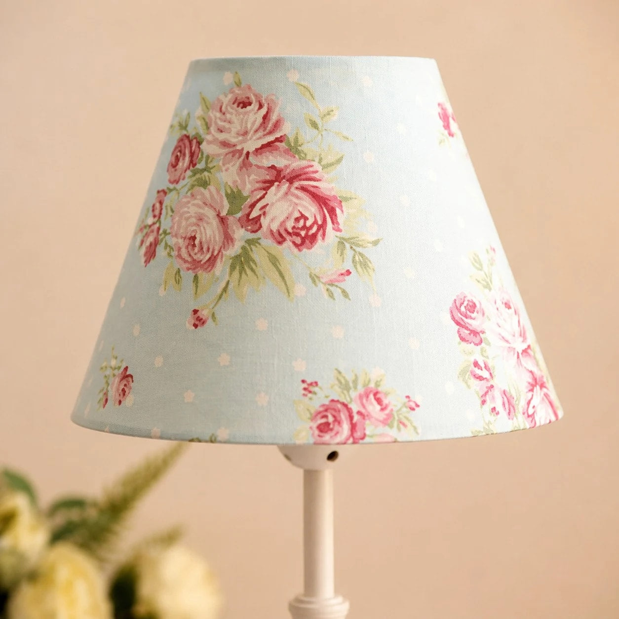 Blue floral fabric shade close-up detail