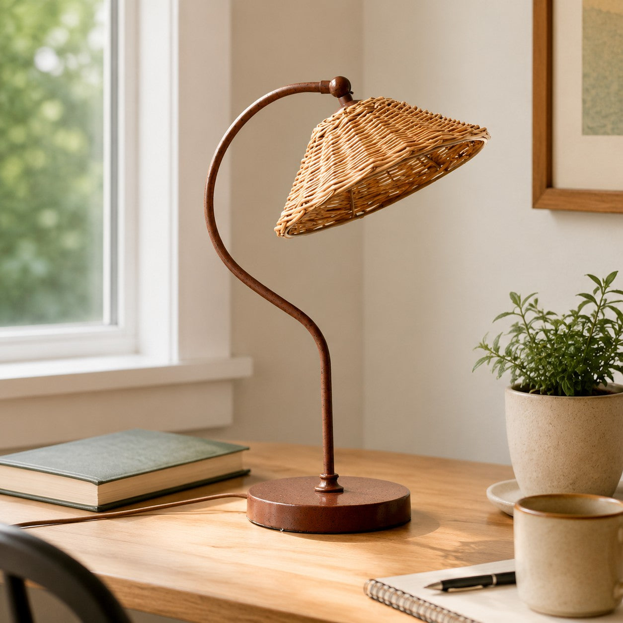 Handwoven Rattan Shade Table Lamp with Curved Metal Frame