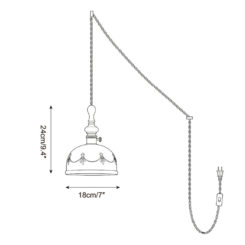 Keramik-Pendelleuchte mit Stecker und Zugkabel und Holzabschluss
