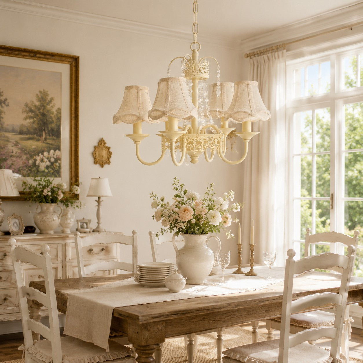 French Country Four Arm Fabric Shade Chandelier