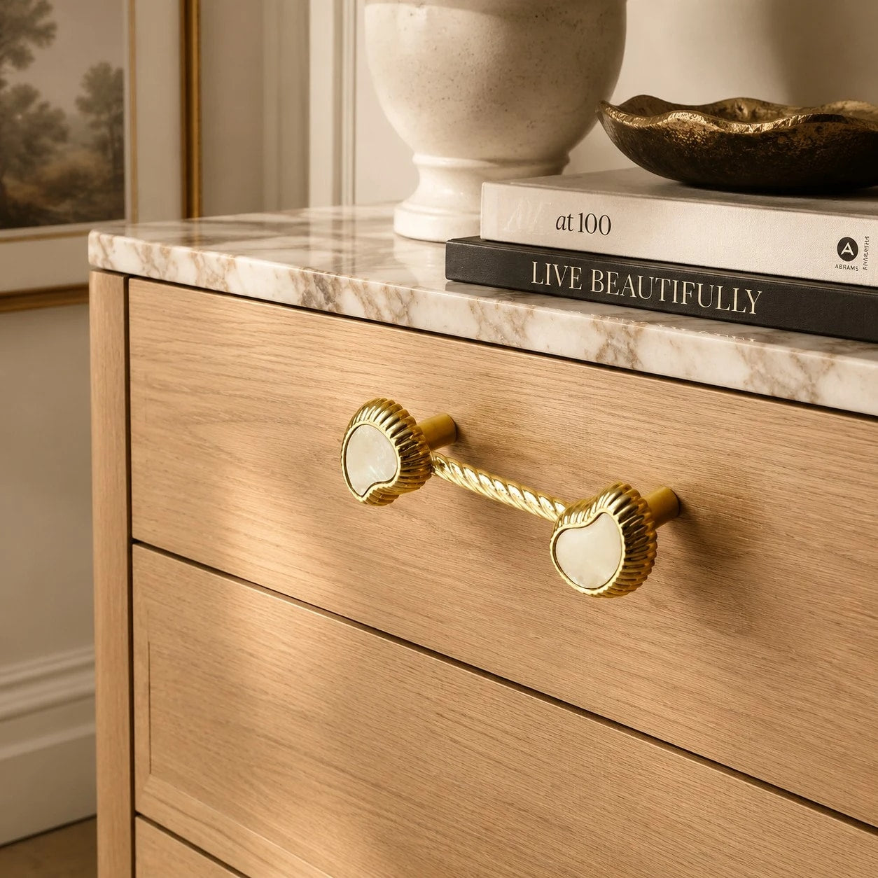 French Vintage Cashew Shell Brass Cabinet Knobs and Pulls - image 27