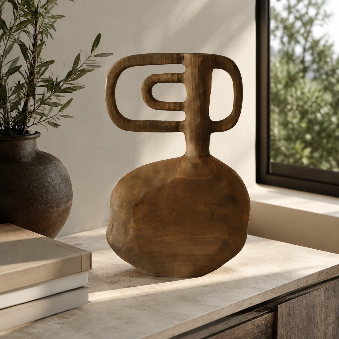 Hand-Carved Solid Wood Sculptural Vase