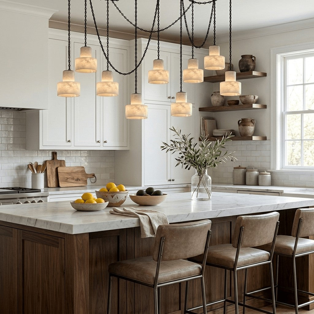 Black Metal Alabaster Frosted Shade Hardwired Chandelier