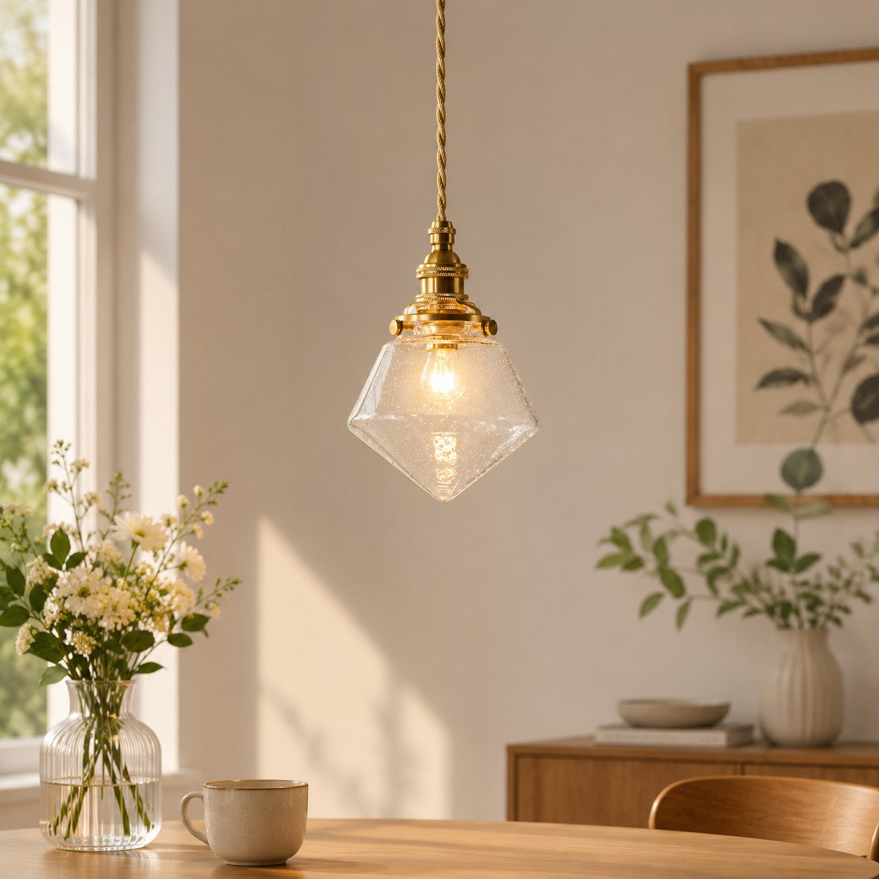 Bubble glass pendant styled above a cafe table