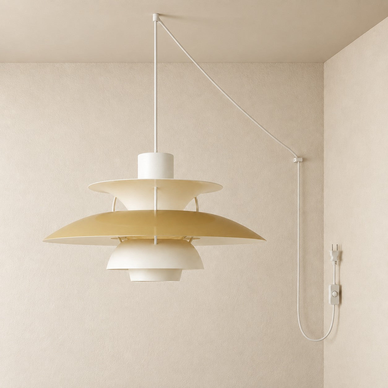 Moderne mehrlagige bunte Pendelleuchte mit Stecker und Zugkabel - Hängelampe aus Metall