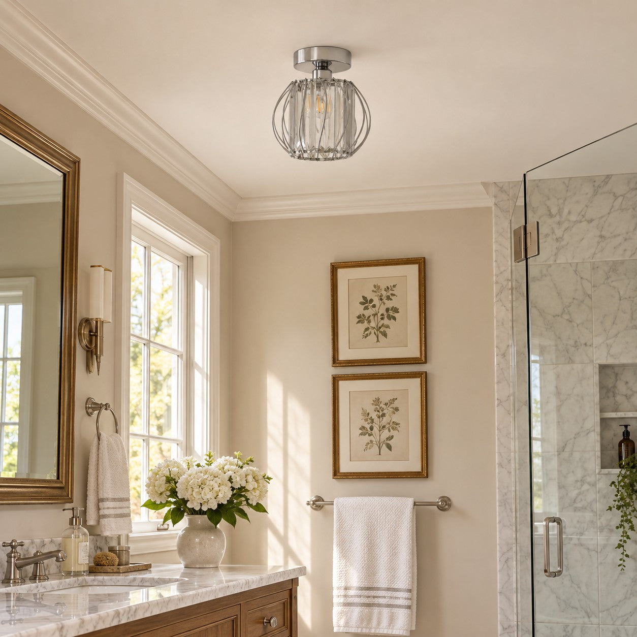 Geometric Cage Semi-Flush Mount Crystal Ceiling Light for Hallway and Entryway